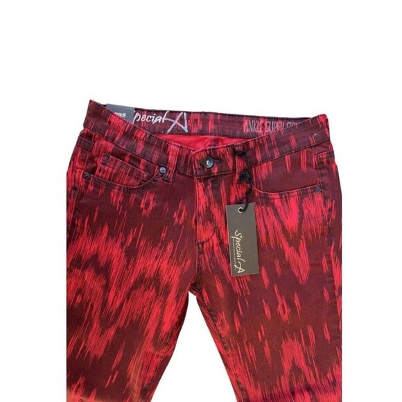 Special A Juniors Red Print Denim Skinny Slim Jeans - Picture 2 of 9